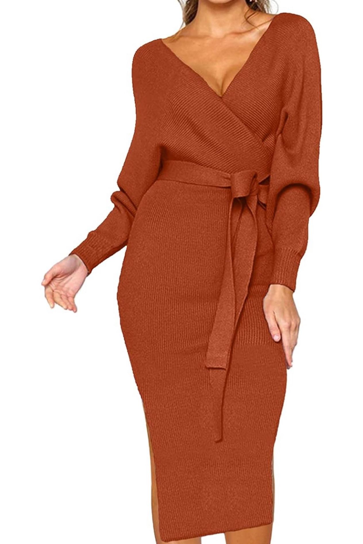 Women's V Neck Sweater Dresses Batwing Long Sleeve Backless Bodycon Dress with Belt

#LTKstyletip