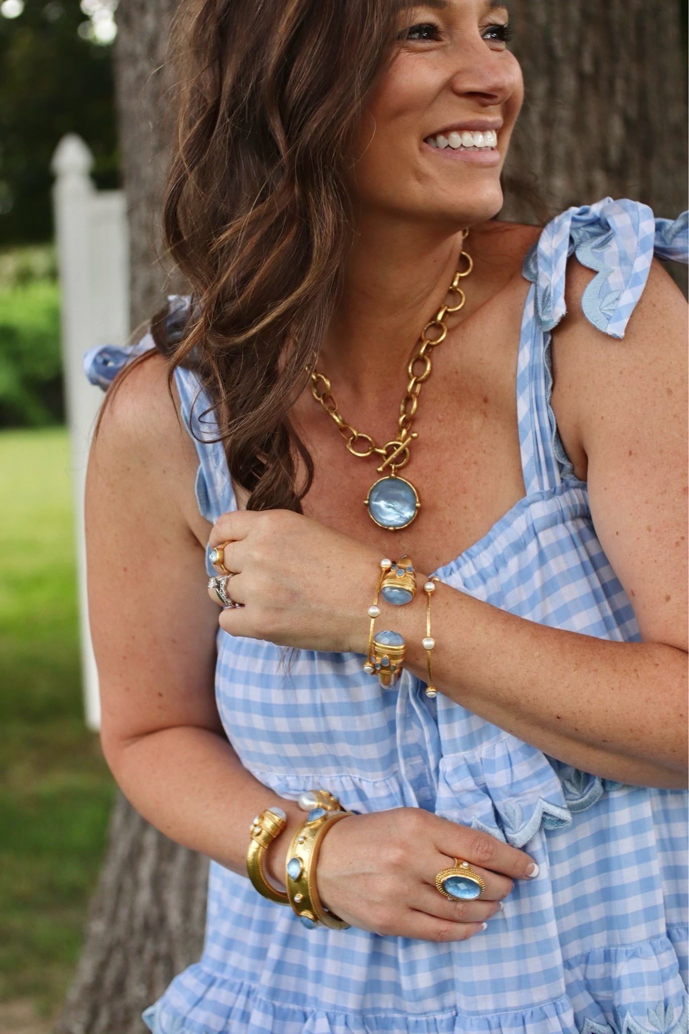 Light blue gingham / baby shower blue dress / summer blues / blue jewelry