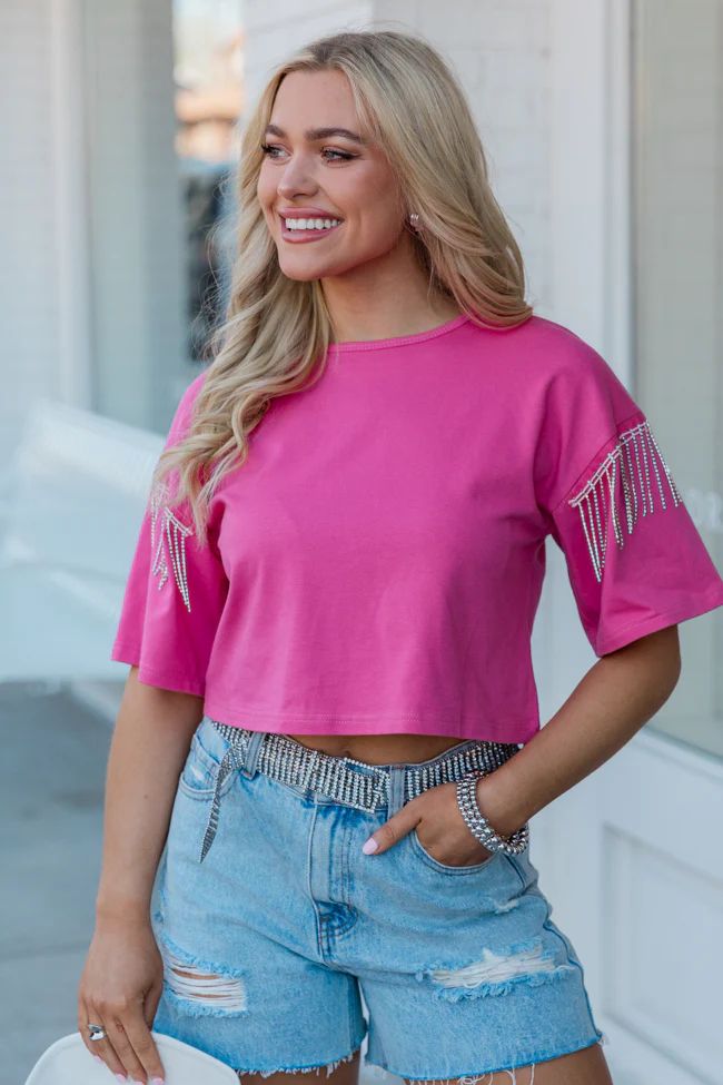 Hold On Loosely Pink Rhinestone Shoulder Detail T-Shirt | Pink Lily