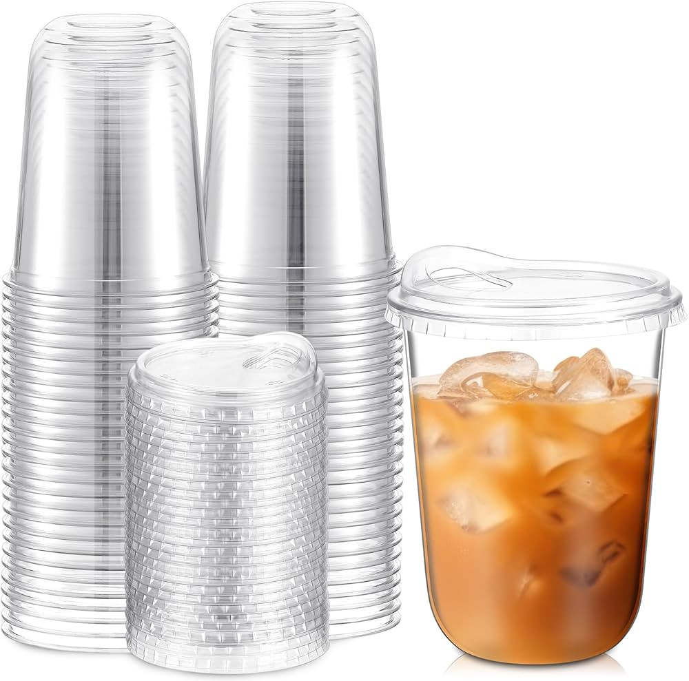 Baderke Clear Plastic Cups with Strawless Sip Lids Disposable Round Bottom Togo Cups for Coffee S... | Amazon (US)