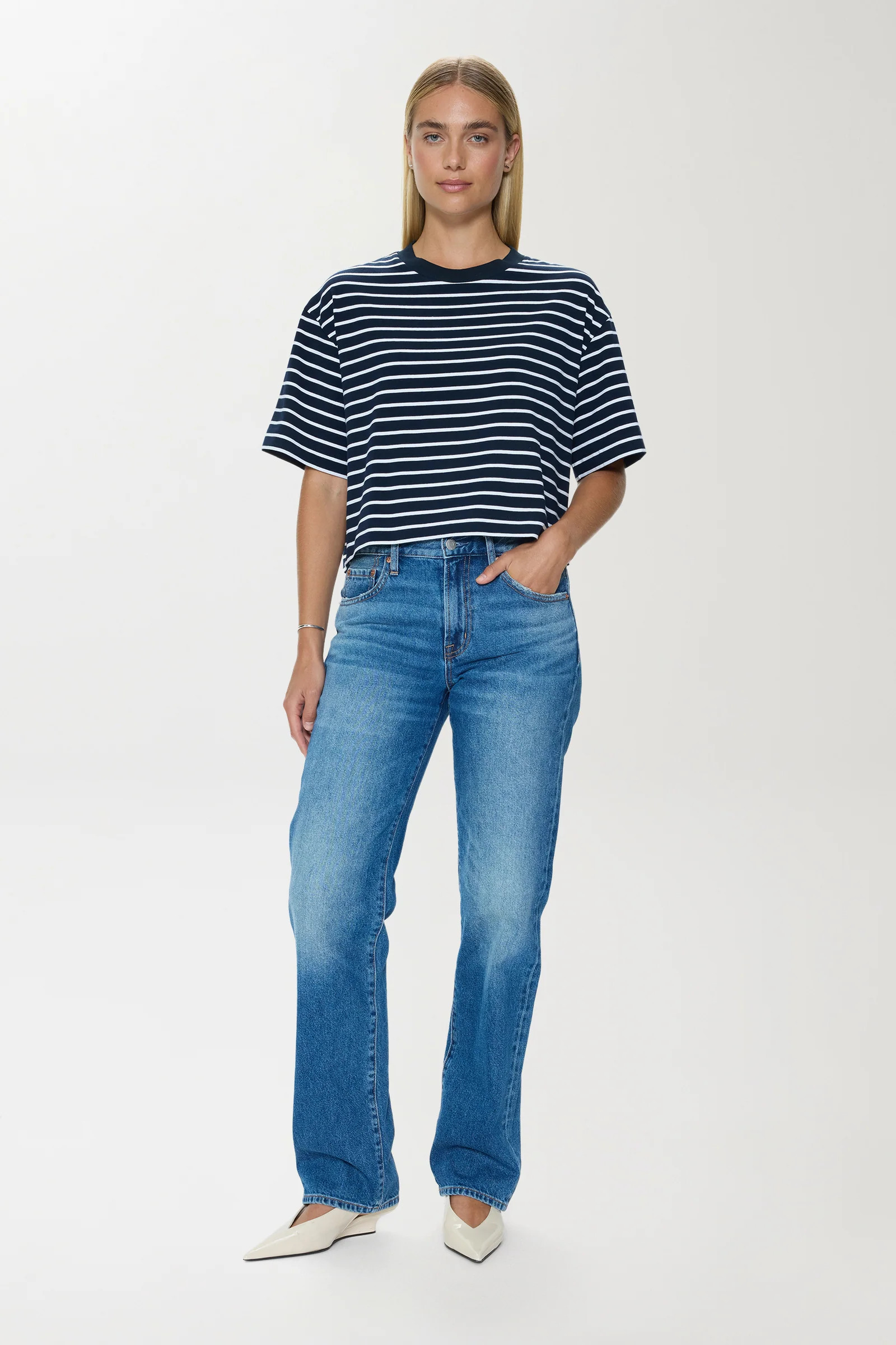 Mae Cropped Tee - Navy White Stripe | Pistola Denim