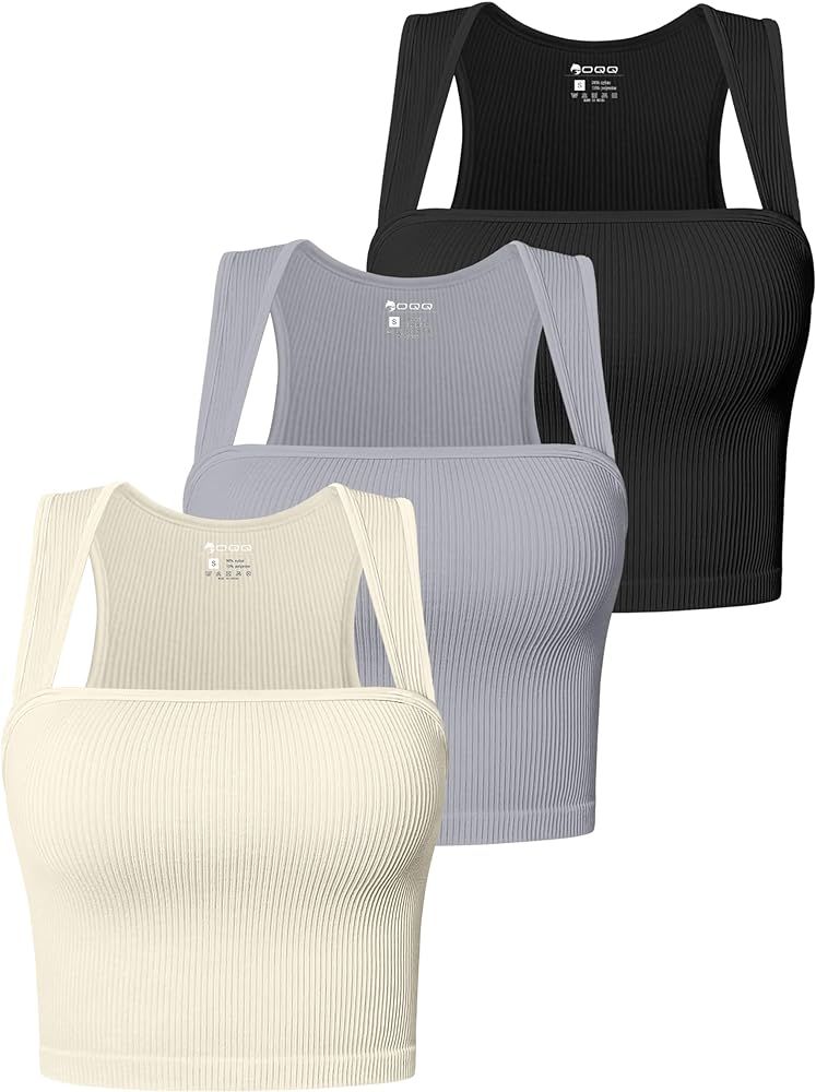 OQQ Women's 3 Piece Tank Tops Strappy Sleeveless Square Neck Stretch Tee Shirts Crop Camis | Amazon (US)