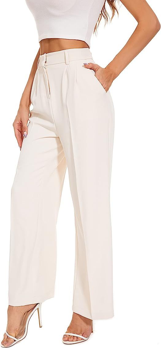 FUNYYZO Women's Wide Leg Pants High Elastic Waisted in The Back Business Work Trousers Long Straight Suit Pants for Summer_ | Amazon (US)