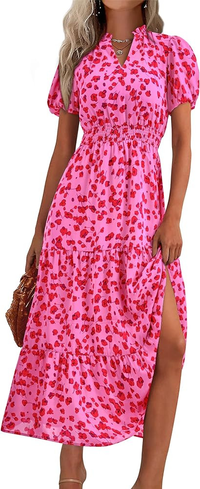 MASCOMODA Summer Maxi Dresses for Women 2025 Casual V Neck Puff Short Sleeve Smocked Flowy Beach ... | Amazon (US)