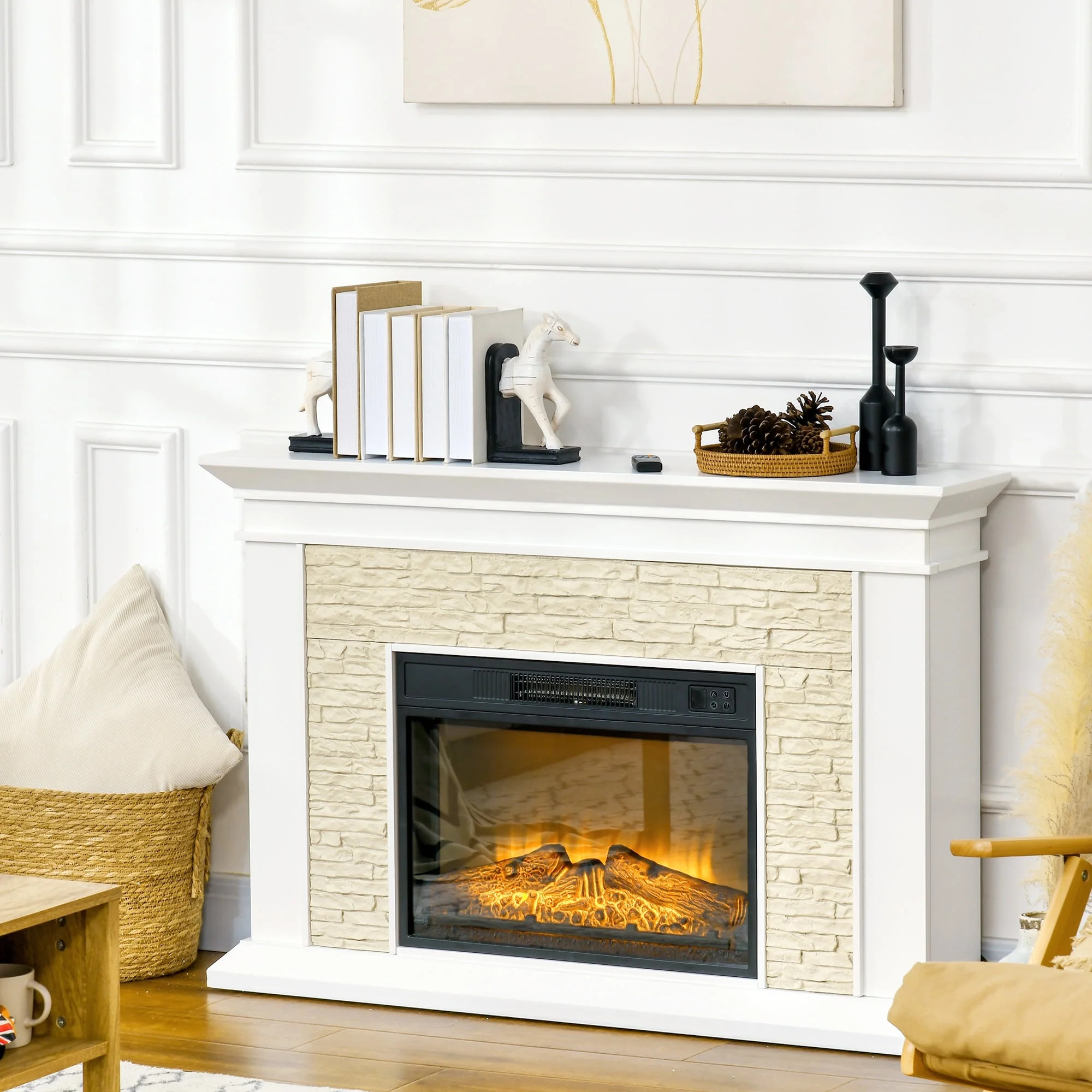 HOMCOM 31.5" Electric Fireplace with Mantel Remote 12H Timer 1400W, White Fake Faux Fireplace Hea... | Walmart (US)