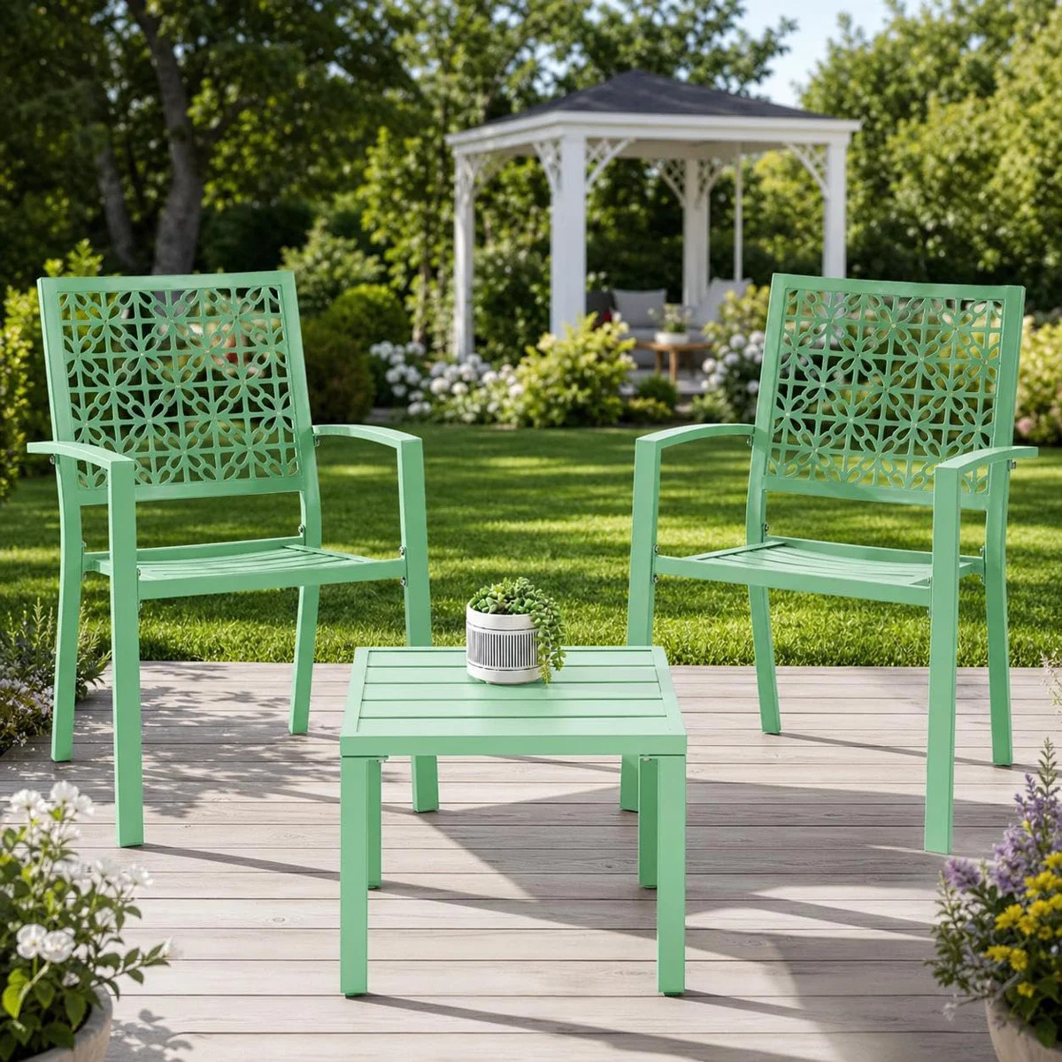Set of 3 Stackable Outdoor Dining Chairs Armrests, Heavy-Duty Metal Patio Chairs, 300 LBS Capacit... | Wayfair North America