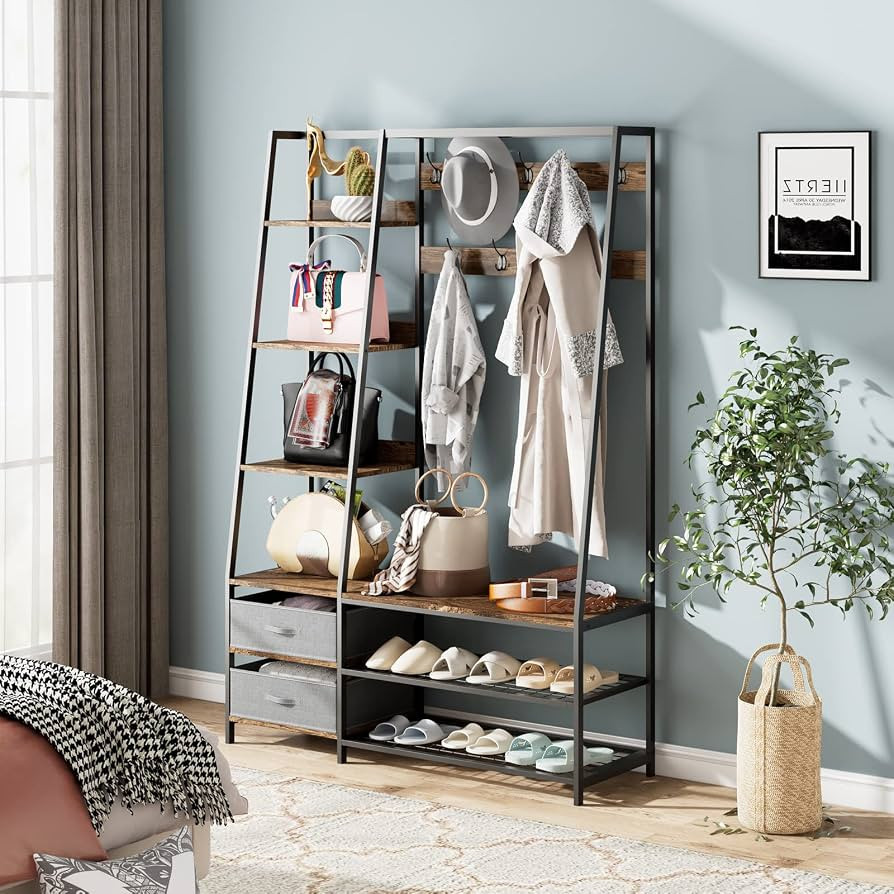 CASART Clothes Rail, 5-in-1 Metal Hall Tree with Hooks, Drawers, Shelves, Shoe Bench & Shoe Racks... | Amazon (UK)