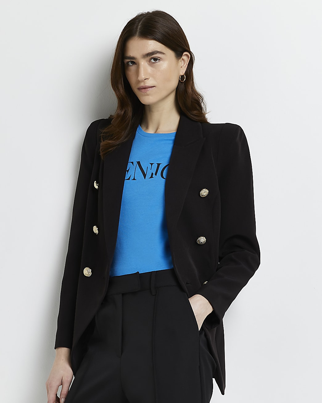 Black tailored double breasted blazer | River Island (UK & IE)