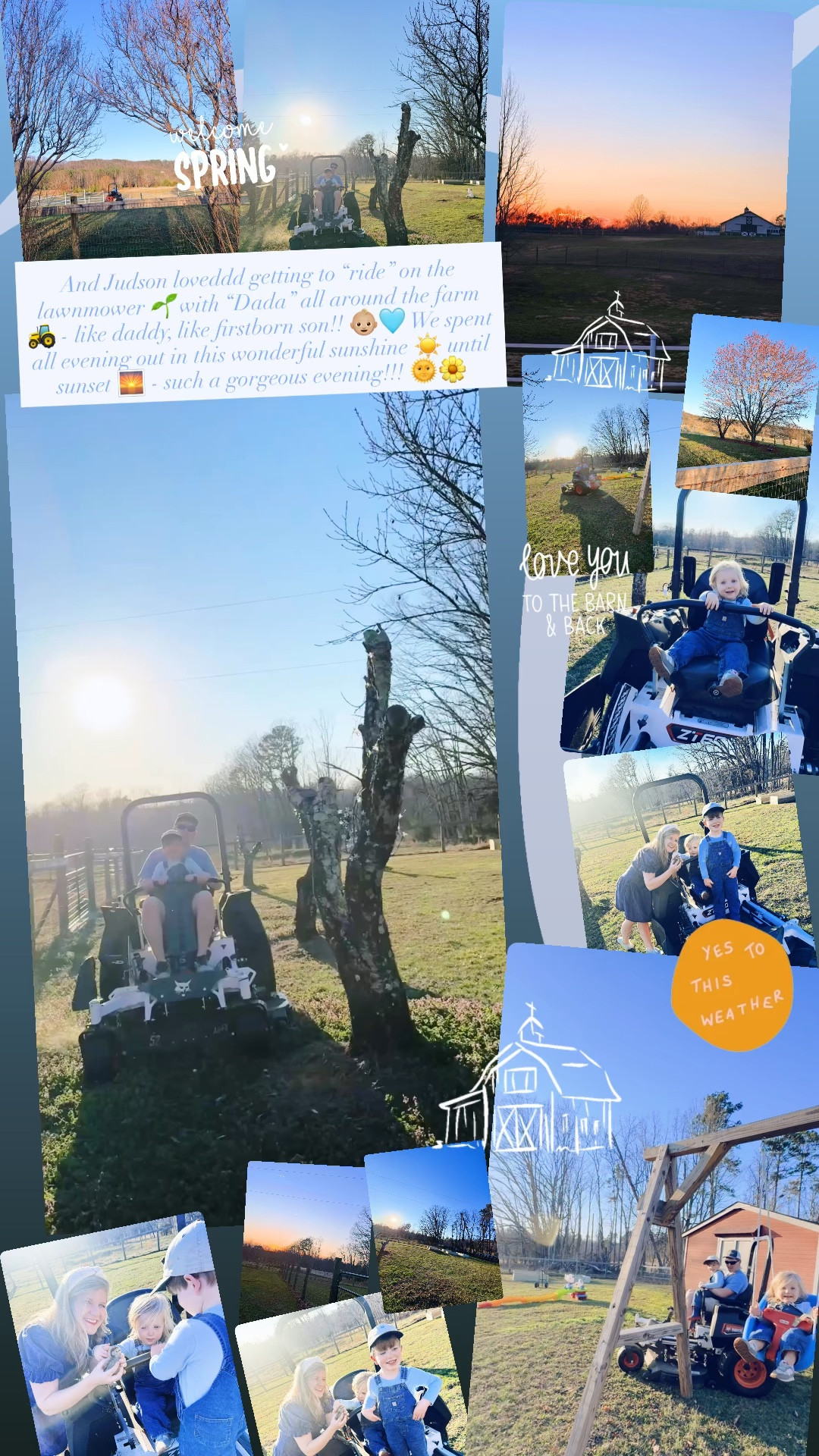 And Judson loveddd getting to “ride” on the lawnmower 🌱with “Dada” all around the farm 🚜 - like daddy, like firstborn son!! 👶🏼🩵 We spent all evening out in this wonderful sunshine ☀️ until sunset 🌅 - such a gorgeous evening!!! 🌞🌼