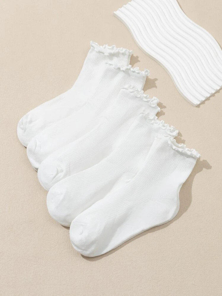 5pairs Solid Color Women's Mid-Calf Socks With Ruffle Cuff, Spring/Summer | SHEIN
