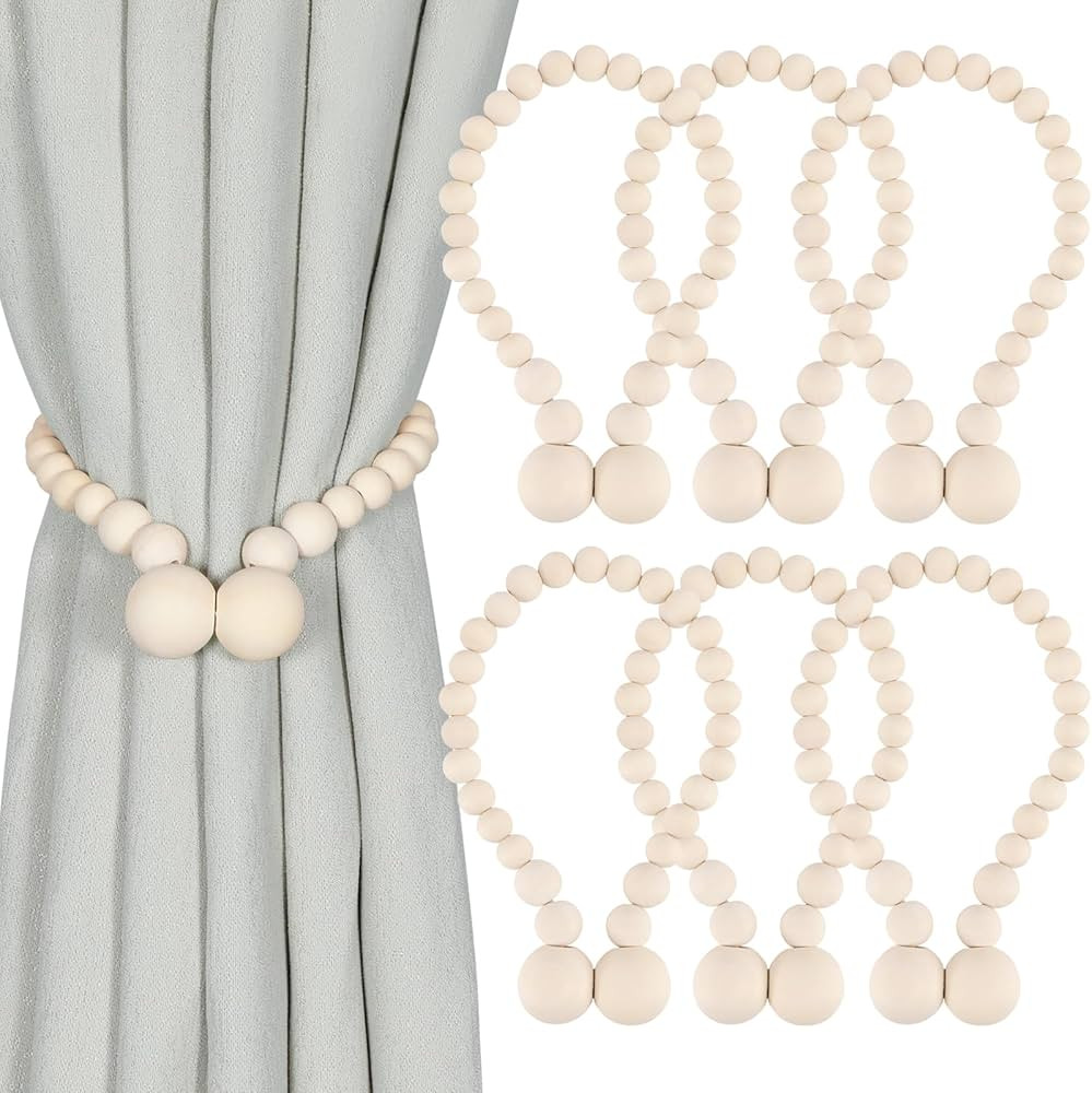 Magnetic Curtain Tiebacks, Curtain Tie Backs for Curtains 6 Pack, Wood Bead Curtain Tiebacks, Cur... | Amazon (US)