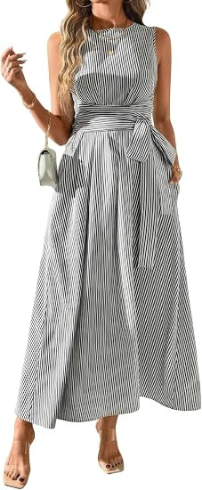 ebossy Women's Striped Shirt Dress Casual Crewneck Tie Waist Sleeveless A-Line Maxi Cotton Dress ... | Amazon (US)