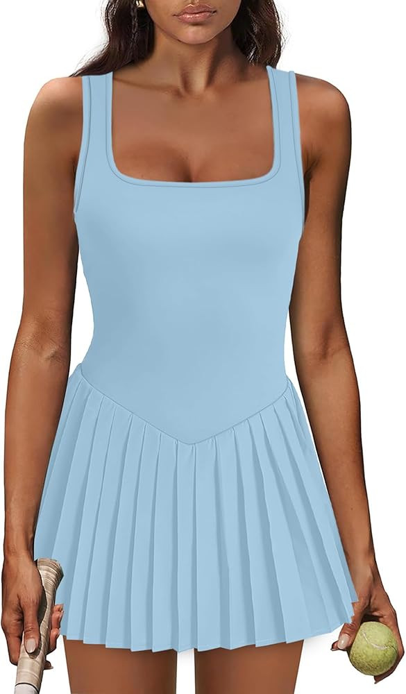 Athletic Dress for Women Built in Shorts U Neck Womens Tennis Dress Pleated with Pockets Sleevele... | Amazon (US)