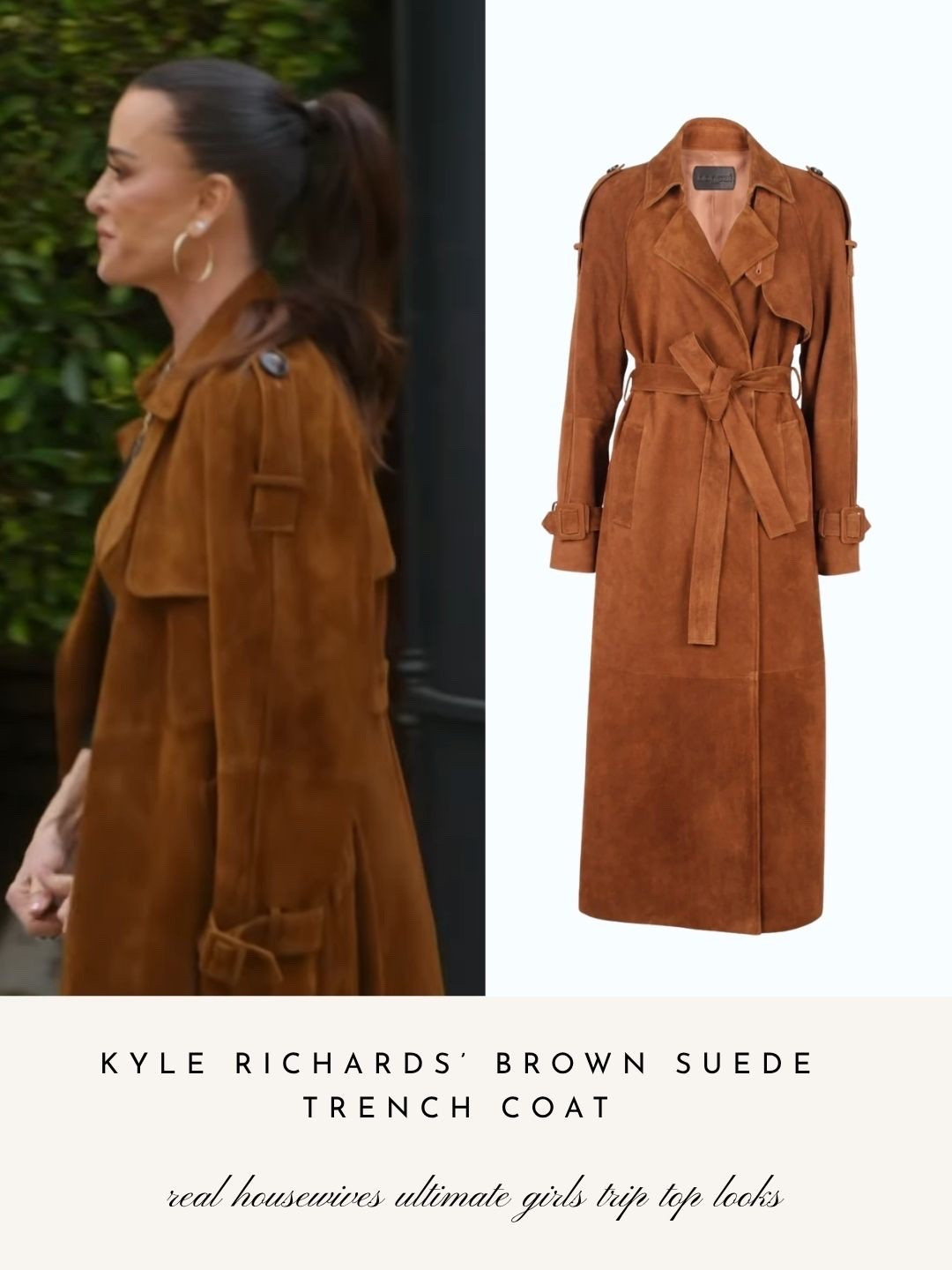 Kyle Richards’ Brown Suede Trench Coat // Sold by Bonsaibyash