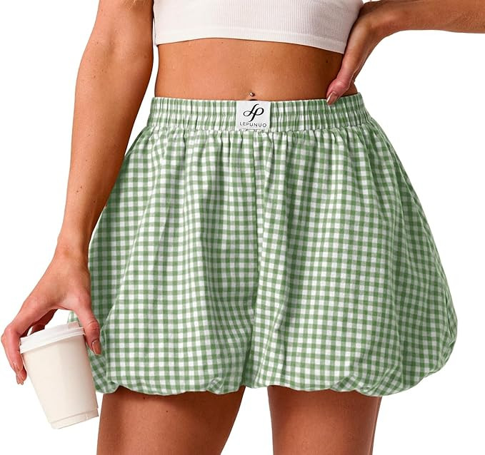 Lepunuo Bubble Boxer Shorts for Women Summer Gingham Pajamas Plaid Shorts Y2K Beach Vacation Bott... | Amazon (US)