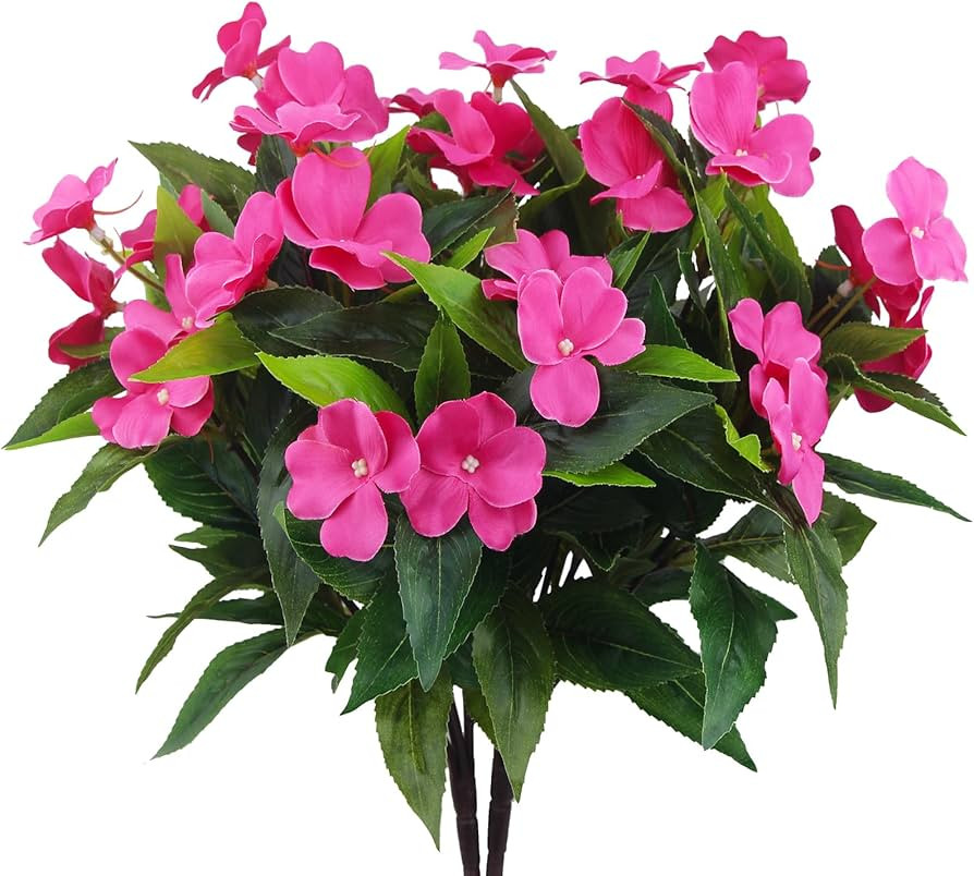 2 Branches Artificial Impatiens Flowers for Outdoors Faux Impatiens Bushes Rose Red Silk Flowers Greenery Artificial Impatiens Bouquet for Patio Lawn Garden Pot Hanging Basket Porch Decoration | Amazon (US)