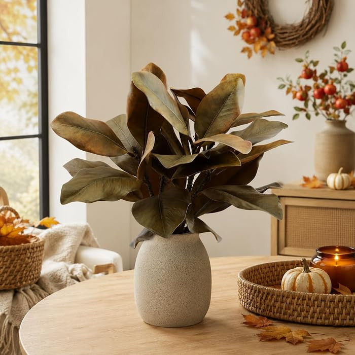 4 Pcs Fall Magnolia Silk Leaves Branches 22 Inch 3D Real Touch Autumn Faux Magnolia Stems Fake Br... | Amazon (US)