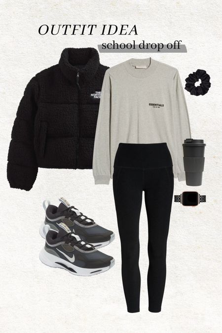 Outfit idea for school drop off 🖤 my favorite North Face jacket comes in a fuzzy sherpa version now and I’m obsessed!  These men’s Essentials shirts & sweatshirts are my favorite to steal from Cody and are so cozy. 

I wear size small in the North Face coat and Large in the essentials tops.

Fuzzy jacket; school drop off outfit; Nike sneakers; mom style; winter style; casual style; Apple Watch band; Christine Andrew style 

#LTKSeasonal #LTKstyletip #LTKunder100