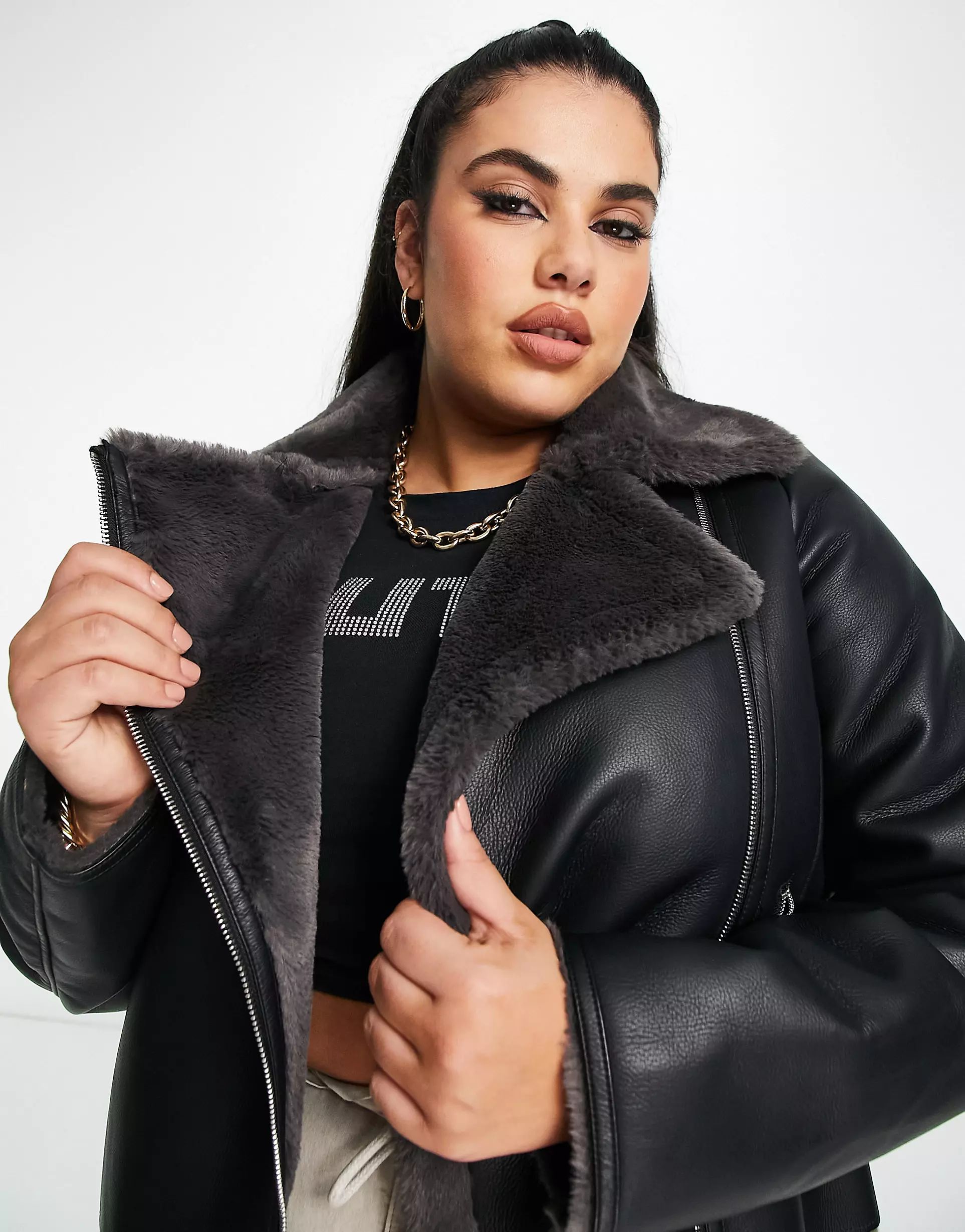 Mango faux fur lined aviator jacket in black | ASOS (Global)