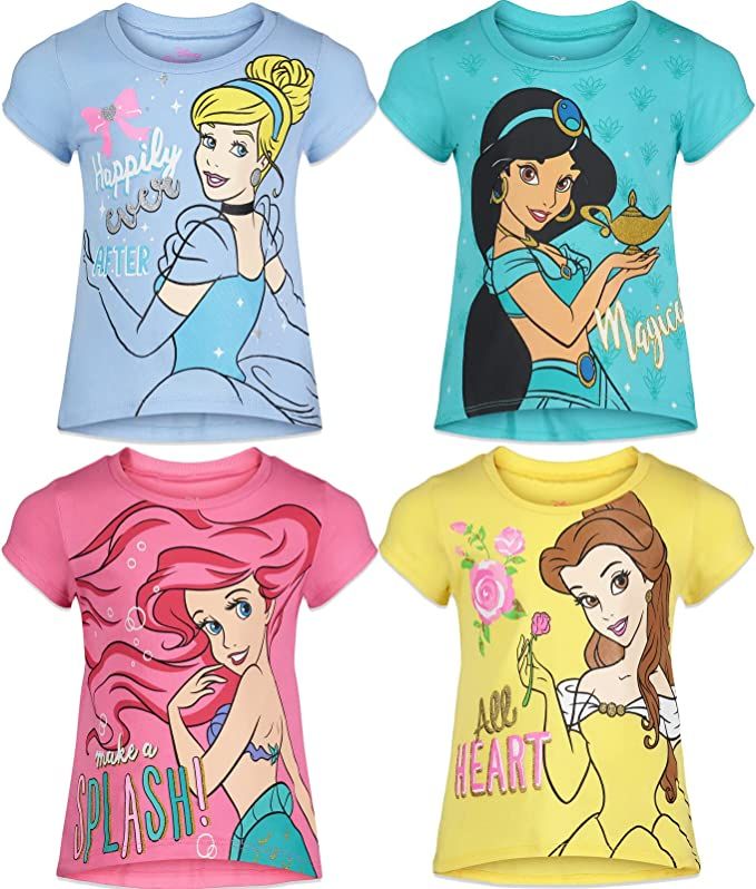 Disney Princess Mulan Rapunzel Moana Tiana 4 Pack Short Sleeve Graphic T-Shirt | Amazon (US)