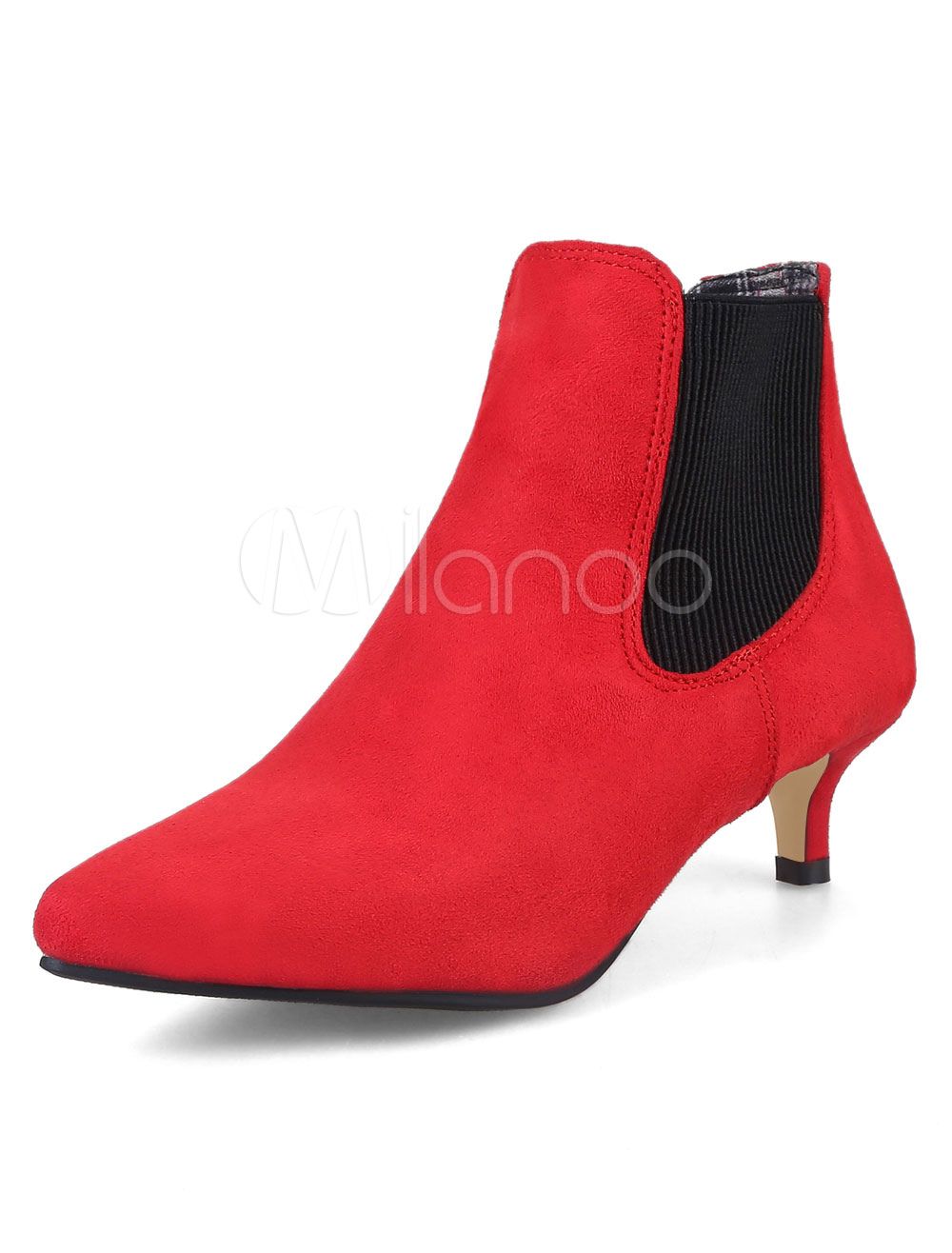 Red Ankle Boots Suede Leather Pointed Toe Kitten Heel Booties For Women | Milanoo