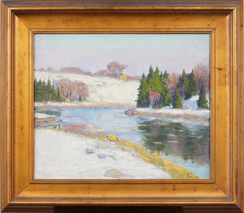 Antique American Impressionist Winter Landscape Snow Scene Framed Oil Painting | 1stDibs