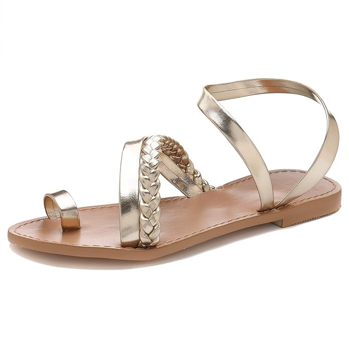 Shoe'N Tale Women Toe Ring Gladiator Flat Sandals Elegant Strappy Flip Flops Casual Comfortable B... | Amazon (US)