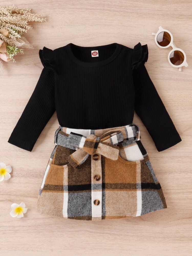 Baby Ruffle Trim Tee & Plaid Fake Button Belted Skirt | SHEIN
