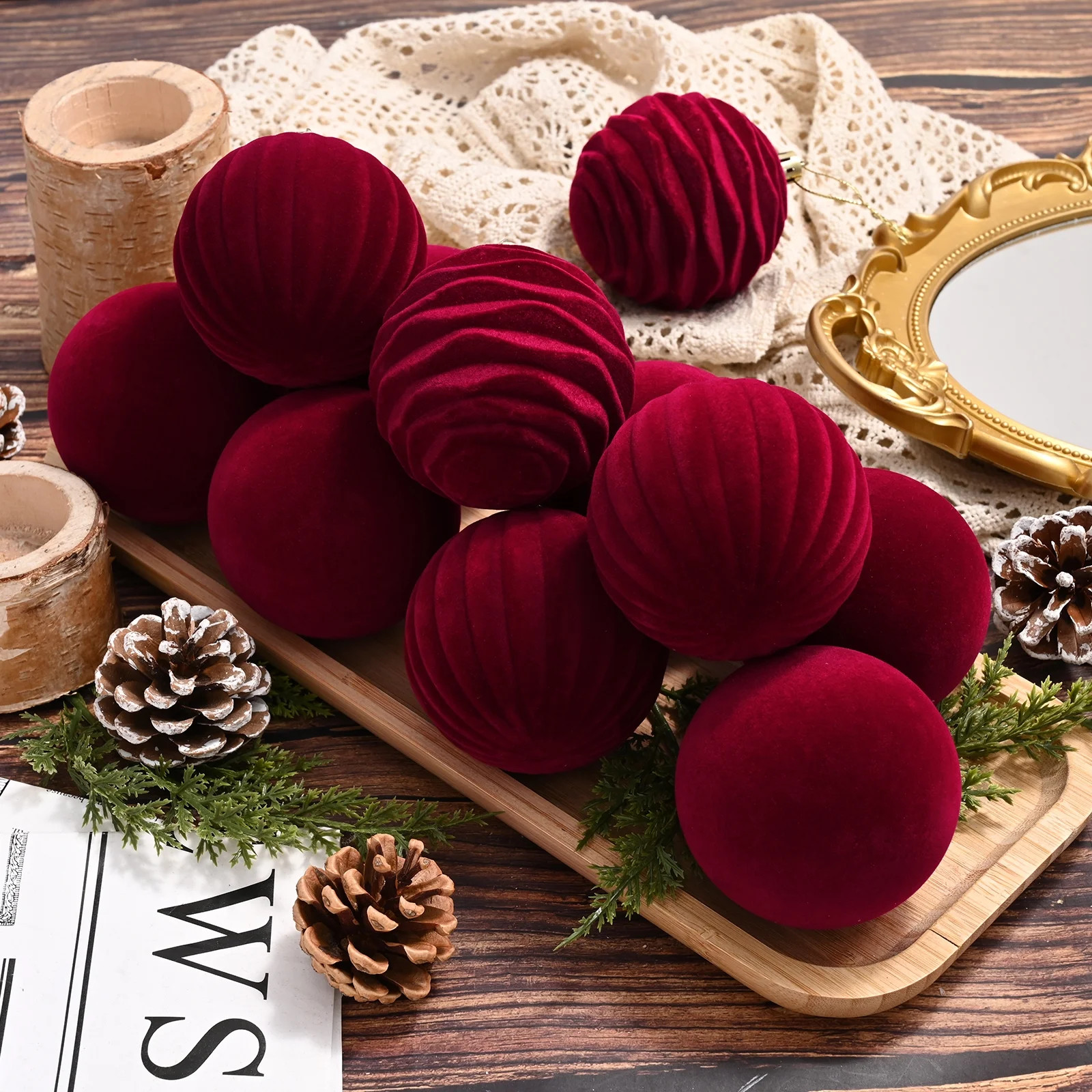 Lyacmy Set of 12 Wine Red Velvet Christmas Balls Ornaments Sets, Shatterproof Xmas Bulbs Hanging ... | Walmart (US)