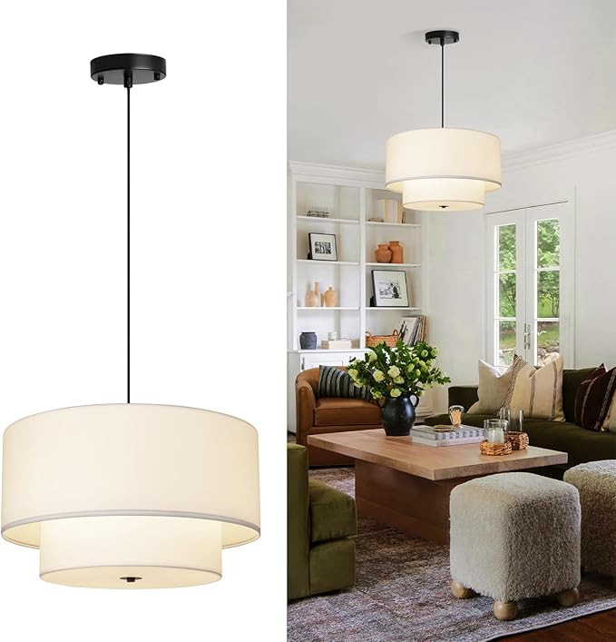 HILUXIA 18" Drum Fabric Pendant Light, Large Modern Hanging Ceiling Chandelier Fixture with Dual ... | Amazon (US)