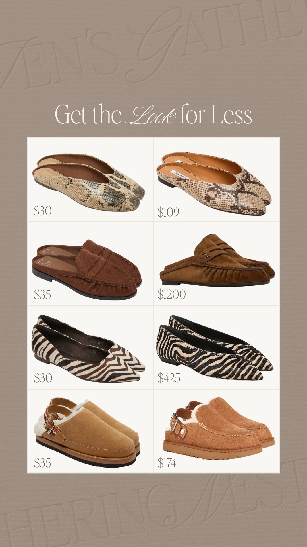 Ok target we see you 👀 🦓 🤎 these shoes are all under $40 and designer inspired ✨

#fallshoes #clogs #flats #zebrashoes #snakeprintshoes #suedeshoes #loafers #shoes #target #targetshoes #targetstyle #targetfashion #newarrivals #lookforless #saveorsplurge