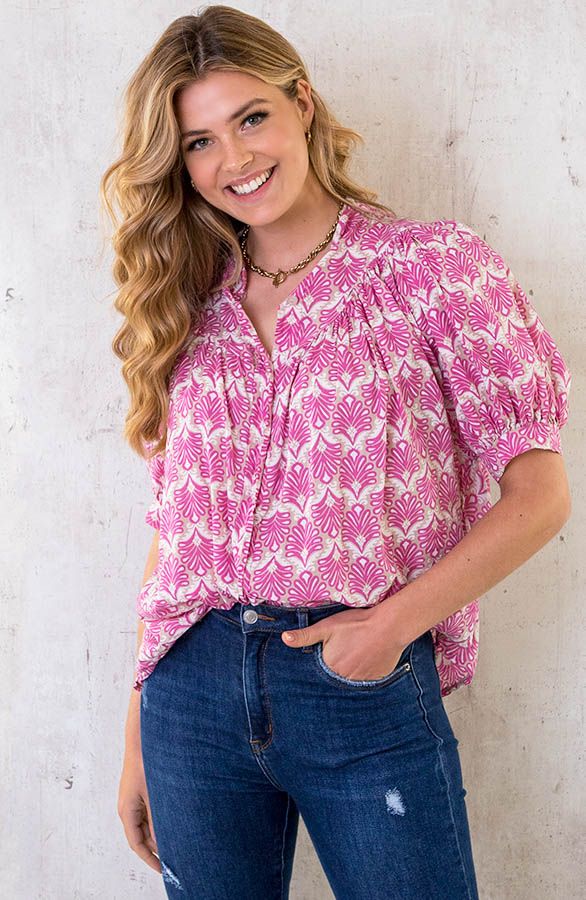 Katoenen Pofmouw Blouse Leaves Pink | Themusthaves.nl | The Musthaves (NL)