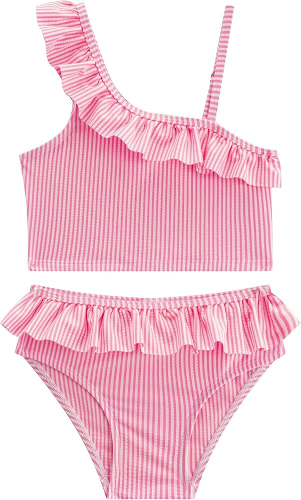 LIZENS Girls Two Piece Swimwear Ruffle Trim 2-12Years Flounce Striped Beach Bathing Suit | Amazon (US)