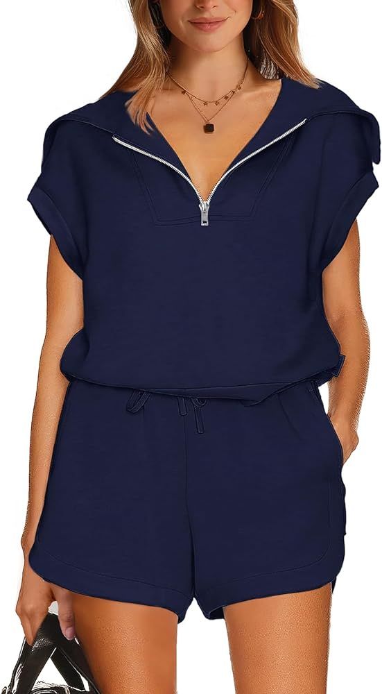 WIHOLL Womens Two Pieces Outfits Summer Half Zip Lapel Collar Short Sleeve Sweatshirt Lounge Set ... | Amazon (US)