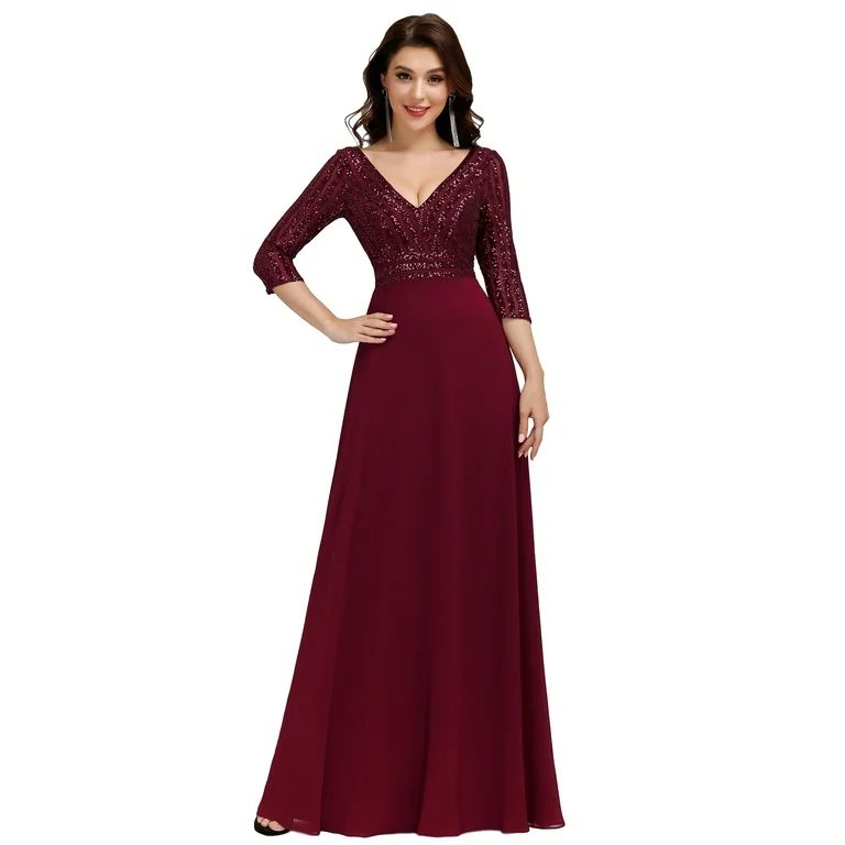 Ever-Pretty Women's Long Sleeve Chiffon A-line Wedding Party Formal Dress 00751 Burgundy US10 | Walmart (US)