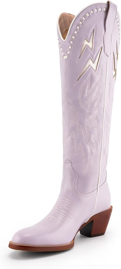 GORBINETI White Bone Lightning Boot for Women Pull on Knee High Cowgirl Cowboy City Boots Mid Chu... | Amazon (US)
