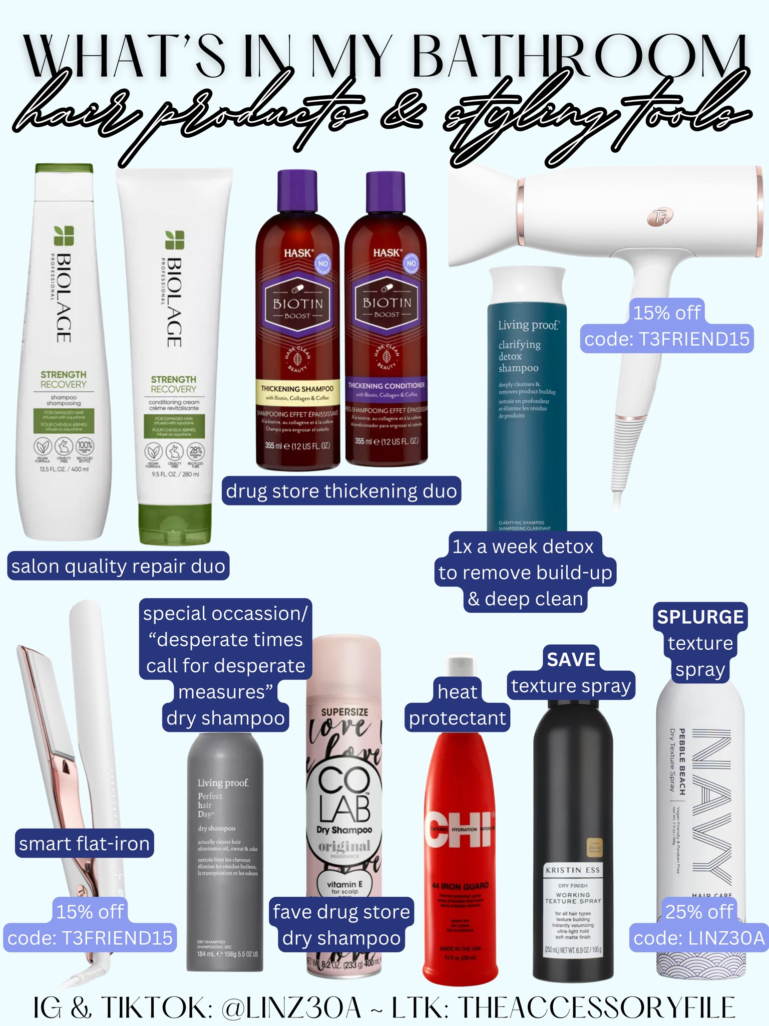 Here are my favorite and most used hair products & styling tools

⭐️For the flat iron & hair dryer, use code T3FRIEND15 for 15% off

⭐️For the NAVY Pebble Beach Dry Texture Spray, use code LINZ30A for 25% off

Haircare, shampoo, conditioner, smart flat iron, hair straightening iron, heat protectant, dry shampoo 

#LTKfindsunder50 #LTKbeauty #LTKstyletip