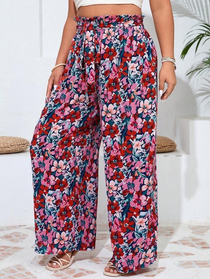 SHEIN Frenchy Plus Size Paper Bag Waist Trousers With Tropical Plant And Floral Print For Summer ... | SHEIN