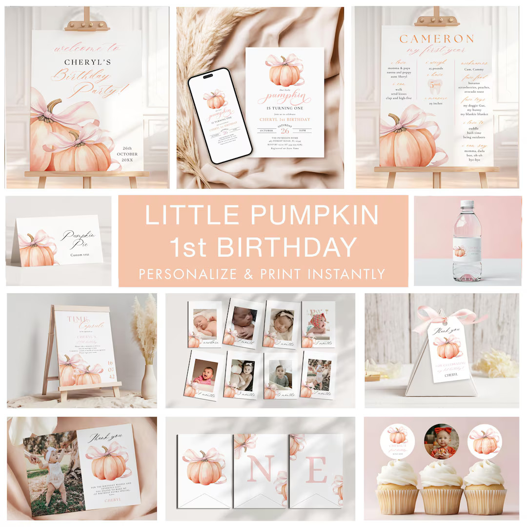 Little Pumpkin Girl 1st Birthday Party Bundle Fall Pumpkin First Birthday Decor Pink Bow Theme Pr... | Etsy (US)