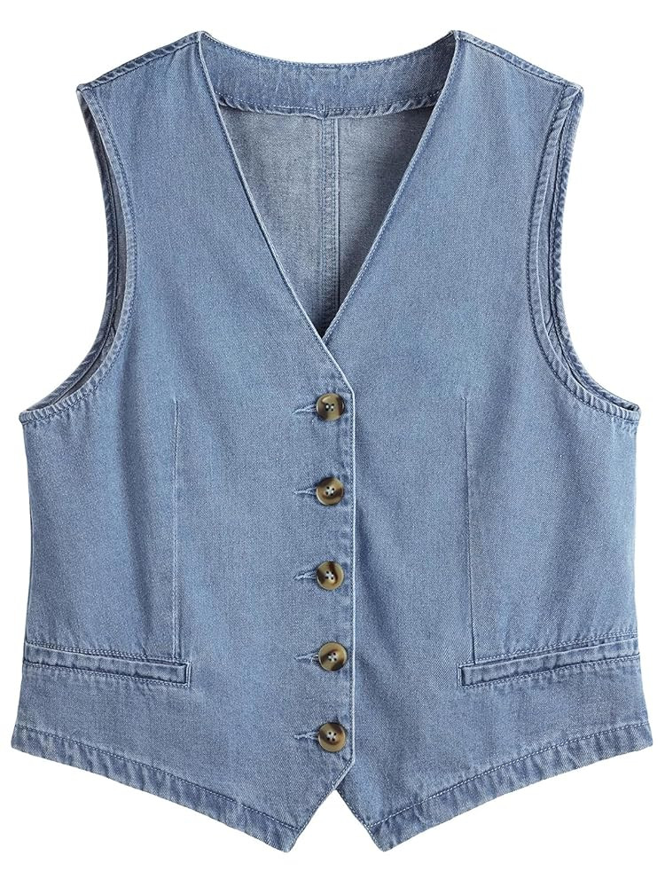 AUTOMET Jean Vest Tops for Women Denim Top Button Down Waistcoat 2025 Fall Sleeveless V Neck Top ... | Amazon (US)