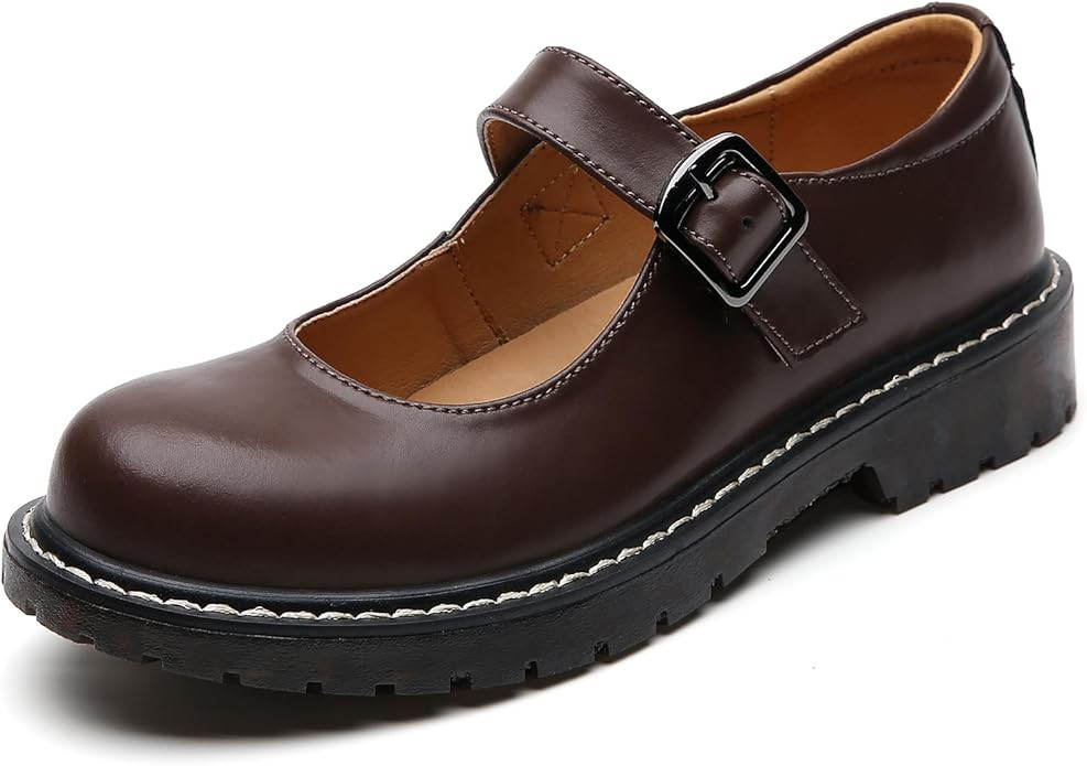 XMM Mary Jane Shoes Women Oxford Shoes Leather Round Toe Flats Non-Slip Ankle Buckle Strap Comfor... | Amazon (US)