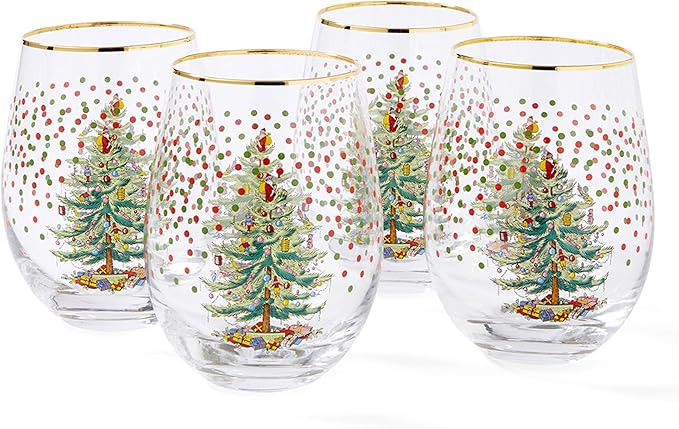 Spode Christmas Tree 19 Fl. Oz. Stemless Wine Glasses (Set of 4), Polka Dot - Elegant Tumblers & ... | Amazon (US)