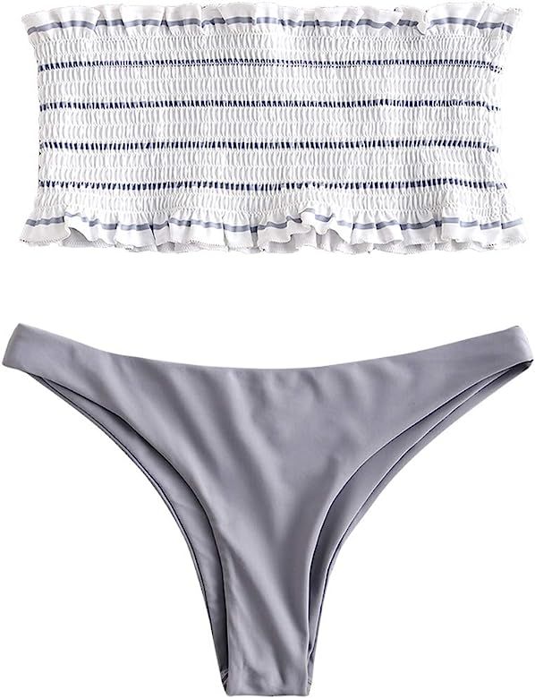 ZAFUL Women's Strapless Striped Frilled Smocked Two Piece Bandeau Bikini Set | Amazon (US)