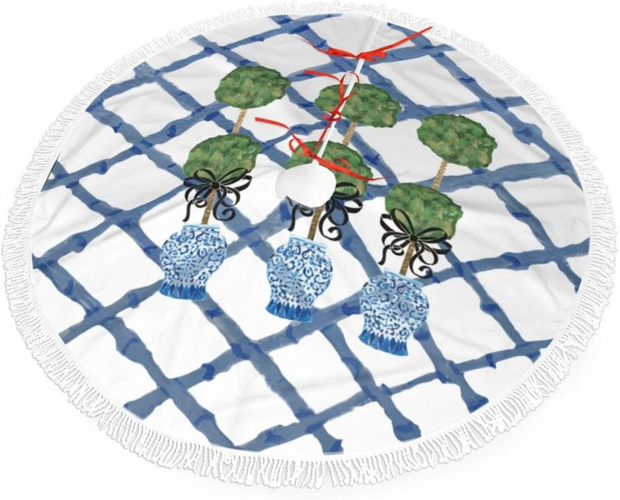 Topiary Chinoiserie Ginger Jar Christmas Tree Skirt with Decorative Fringe - Durable Colorfast Xm... | Amazon (US)
