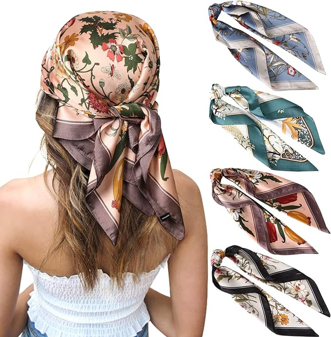 CHLINS 27 Inches Silk Feeling Square Head Scarf - 4 Pcs Satin Square Head Scarves for Women Hair ... | Amazon (US)