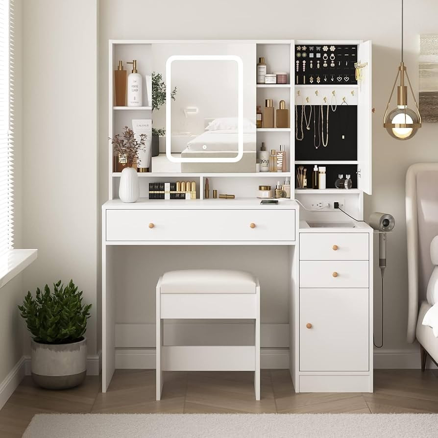 Vabches White Vanity Desk with Mirror and Lights, Vanity Table Makeup Vanity with Lights 3 Drawer... | Amazon (US)