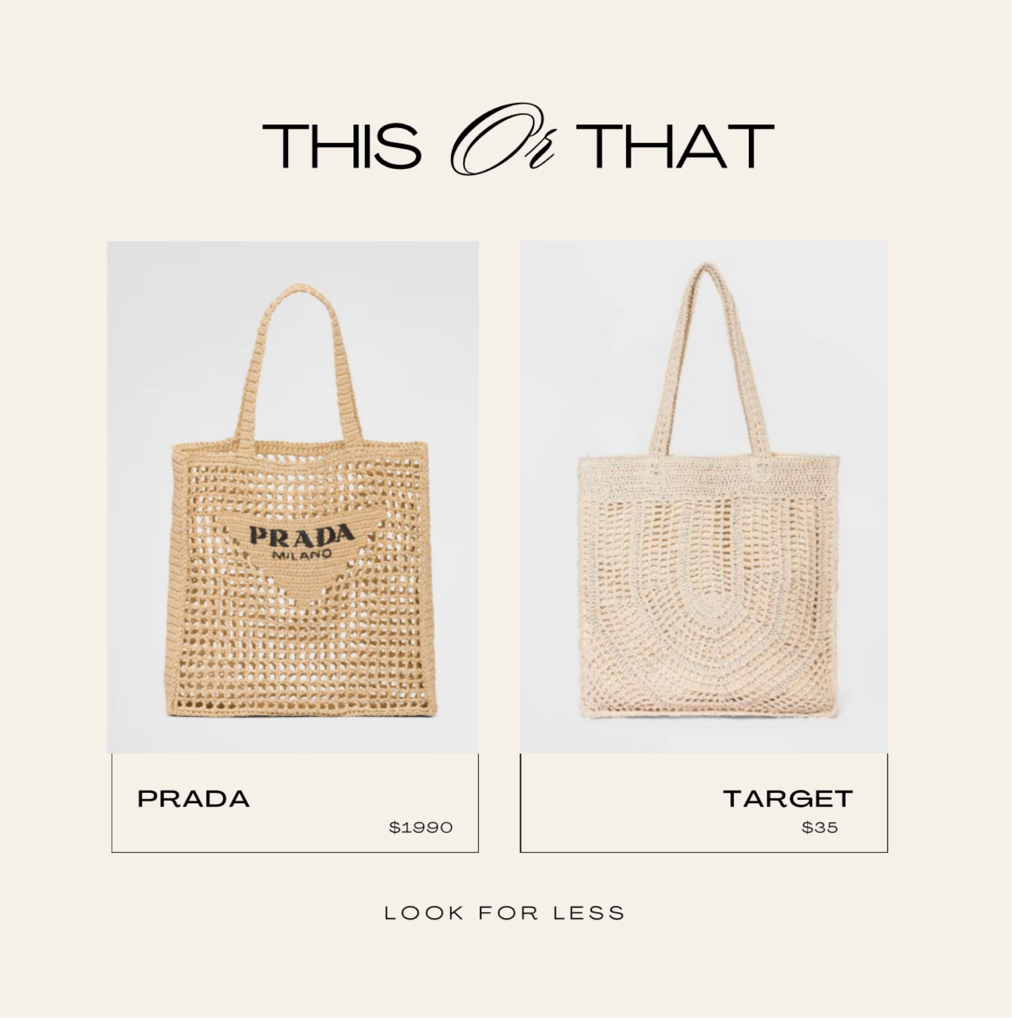#lookforless #dupe PRADA VS TARGET 
Perfect tote handbag for spring/summer to carry all the essentials 
#universalthread #raffiatotebag 