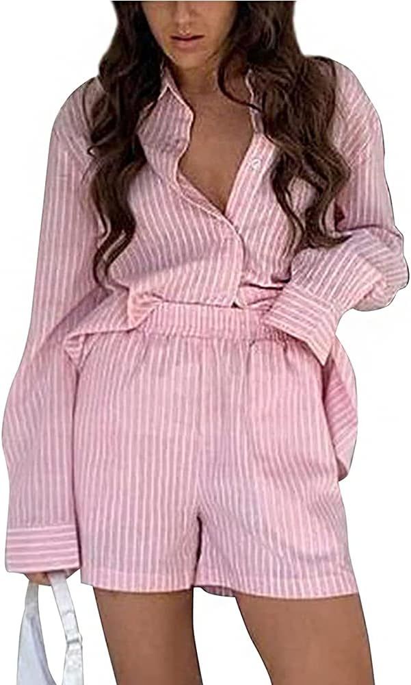 QTEEY Women’s Casual 2 Piece Outfits Set Loose Fit Tracksuit Oversized Stripe Tops Long Sleeve Colla | Amazon (US)