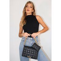 Black Faux Leather Quilted Square Handbag And Purse Set, Black | Missguided (UK & IE)