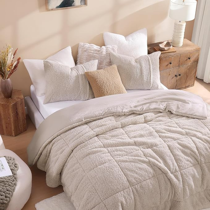 WRENSONGE Queen Comforter Set, Light Oatmeal Ultra Soft Fuzzy Sherpa Fleece Comforter, 3 Pieces B... | Amazon (US)